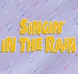 An image of the text "Singin' in the Rain", on a purple background containing multi-colored raindrops