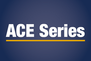 white letters "ace series" gold underline, blue background.