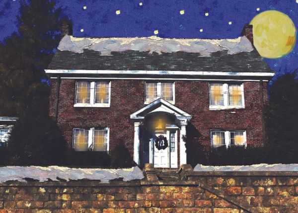 Brick house in oil brush style with snow, stars and the moon.