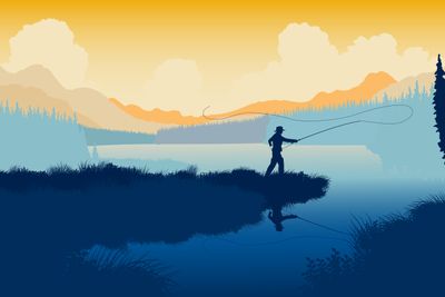 Gold sky and blue water with person fishing