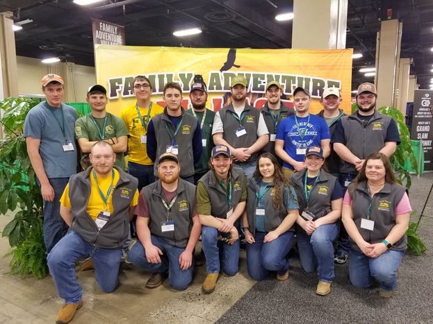 The WVU Potomac State College Tink Smith Collegiate National Wildlife Turkey Federation (NWTF) Chapter recently attended the 43rd Annual Convention and Sport Show in Nashville, Tenn. Pictured kneeling from left: Professor Jeff Jones, Students Paden Rights