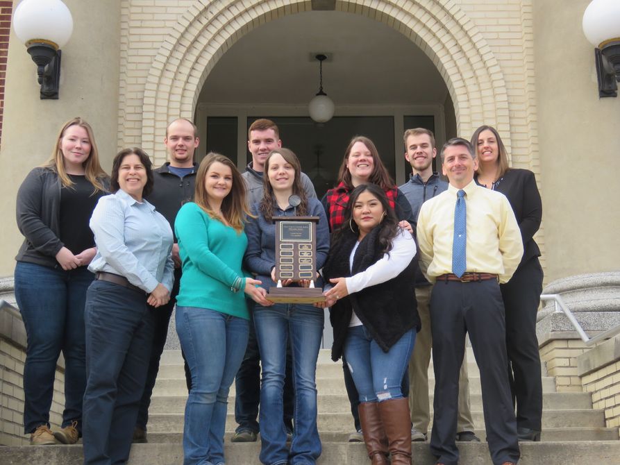 The Criminal Justice team from West Virginia University Potomac State College is all smiles as they display their first-place trophy for taking top honors in the Crime Scene Competition at the West Virginia Criminal Justice Educators’ Association’s Annual