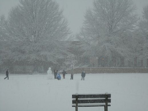 Archival photo of a snowy WVU Potomac State College Quad